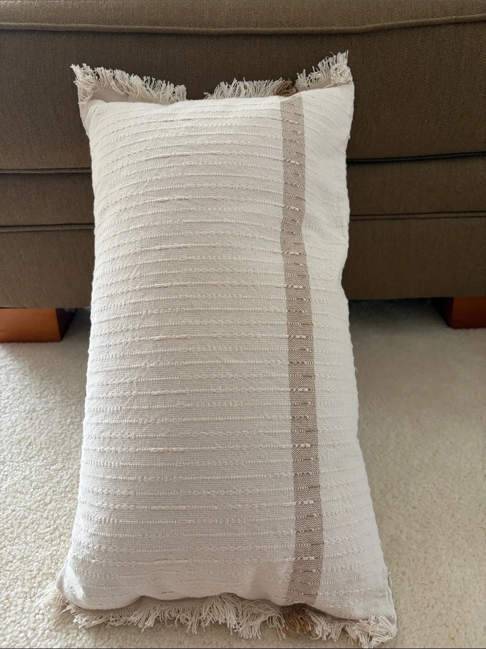 Threshold Cream Fringe Lumbar Pillow with Taupe Stripe. Like new